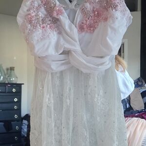 White and Pink Floral Embellished Dance Costume